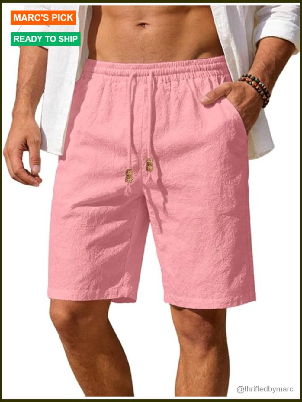 Men's Cotton Linen Shorts Elastic Waist Drawstring Summer Casual Beach